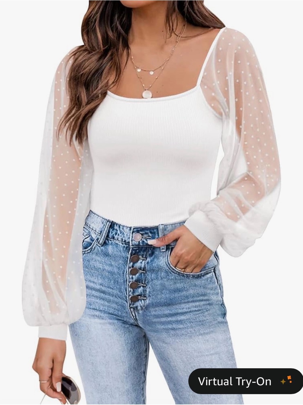 Amazon White Square Neck Ribbed Bodice Top with Sheer Polka Dot Sleeves